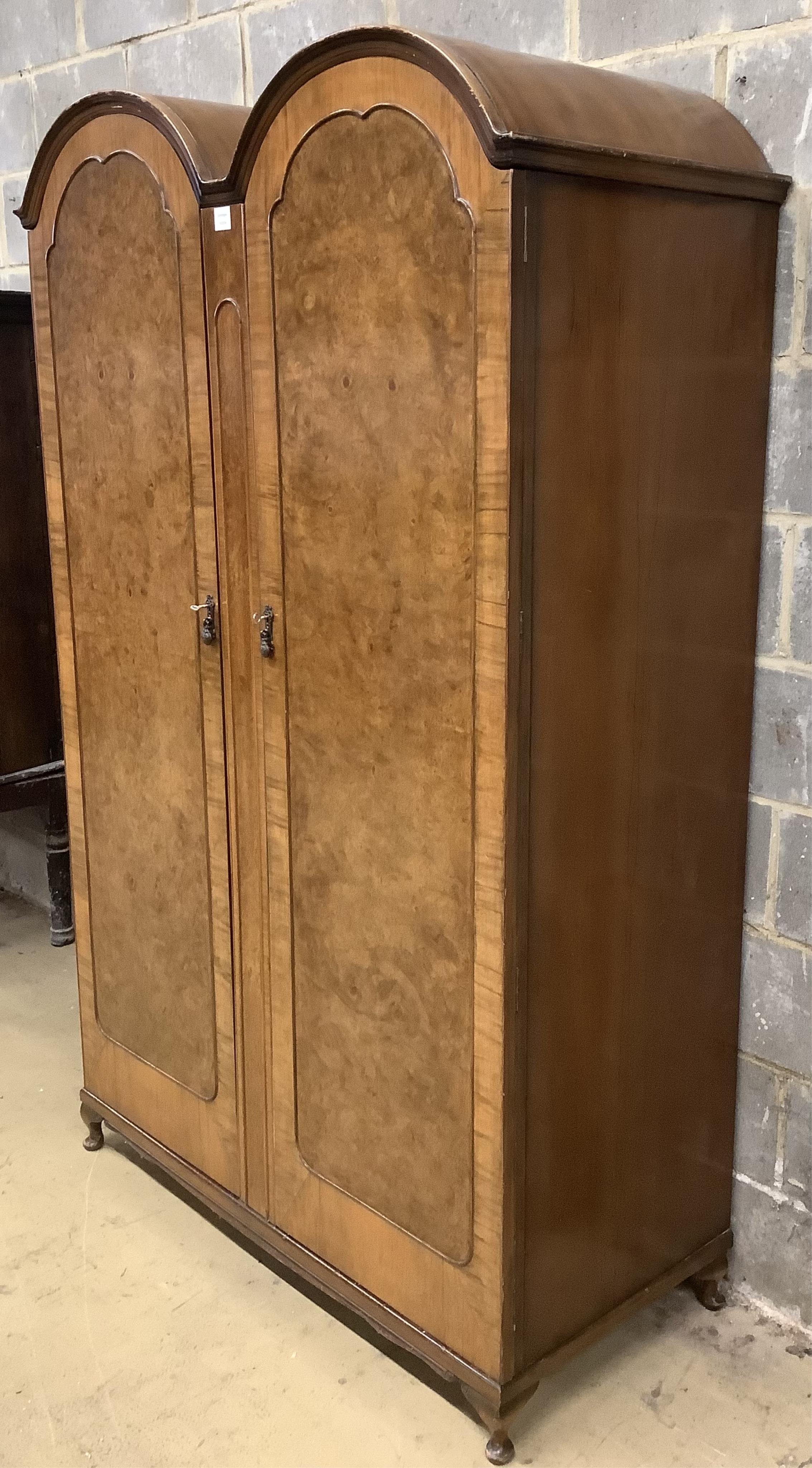 A Queen Anne Revival walnut wardrobe, width 126cm, depth 58cm, height 202cm. Condition - good